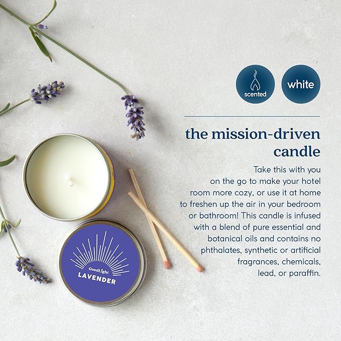 GoodLight Paraffin-Free Scented Candle, Clean Burning Non-Toxic Tin Candles, Lavender Essential Oil Scented Travel Candle 6oz