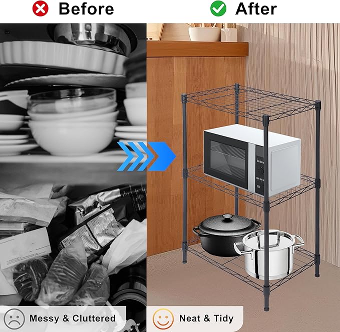 Whitmor 3 Tier Storage Shelves, Heavy Duty Metal Shelving, 400 lbs Capacity per Shelf, 1200 lbs Total, Easy Assembly for Kitchen, Garage, Plant, 18" L x 12" W x 26.4" H, Black