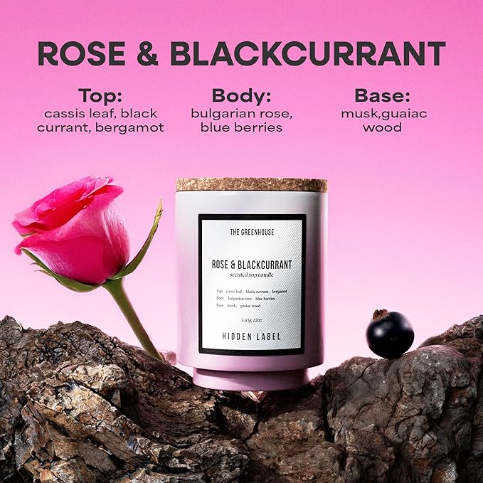 Hidden Label Rose Blackcurrant Soy Candles, 12oz Natural Soy Wax, 75 Hours Long Lasting Clean Burn, Soy Candles for Women, Aromatherapy Candle for Stress Relief, Meditation, Yoga & Relaxation