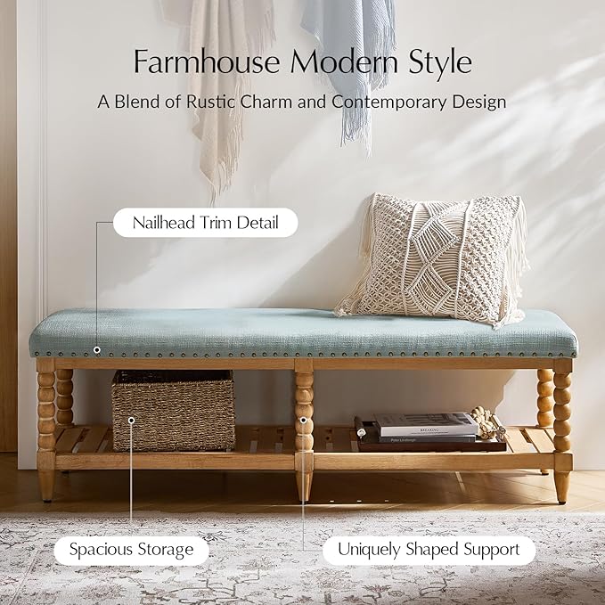 HULALA HOME Farmhouse Entryway Bench, 58" Fabric Bed Bench with Shelf, Solid Spindle Legs, Nailhead Trim Detail for Bedroom, Living Room, Hallway, Blue