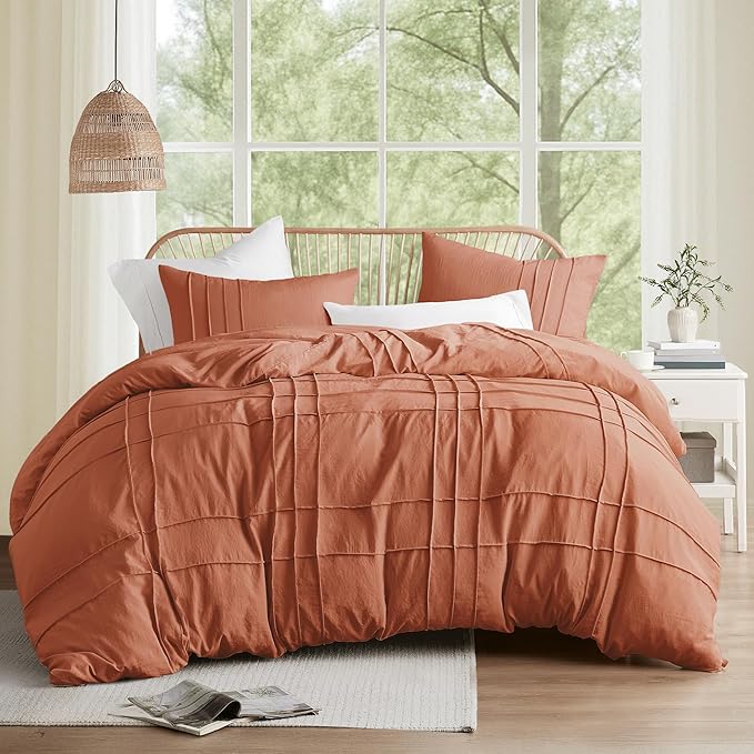 Comfort Spaces Clay Queen Size Comforter Set - 3 Pieces Pintuck Pleated Bedding Sets, All Season Lightweight, Extra Softness Pre-Washed Microfiber Queen Bed Set, Shams, Queen