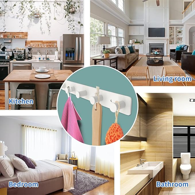 Coat Rack Wall Mounted, White Coat Hooks Adhesive & Screw in, Stainless Steel Door Hooks for Hanging Hat Towels Clothes, Hook Rail with 6 Round Hangers