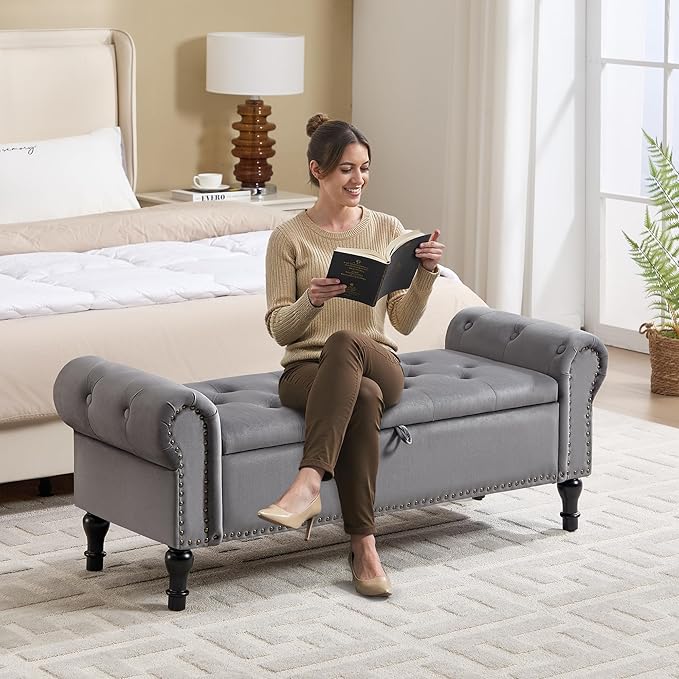 Storage Bench for Bedroom, 51" Upholstered End of Bed Bench, Velvet Queen Size Benches with Rolled Arms, Tufted Button Storage Long Ottoman, Living Room, Entryway, Grey