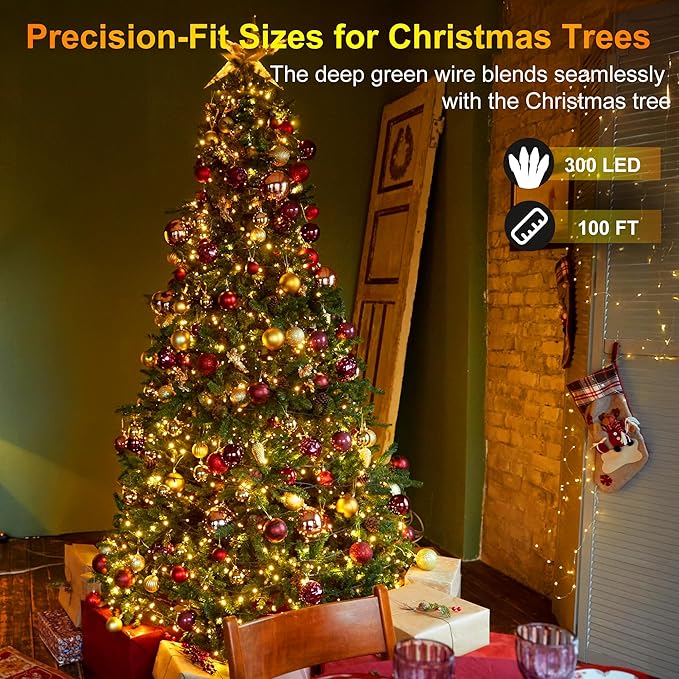 300LED String Lights - Indoor/Outdoor Use, 8 Modes, 100FT Fairy Lights, IP44 Waterproof for Xmas Patio Yard Fence Deck Balcony Garden Decor - Warm White