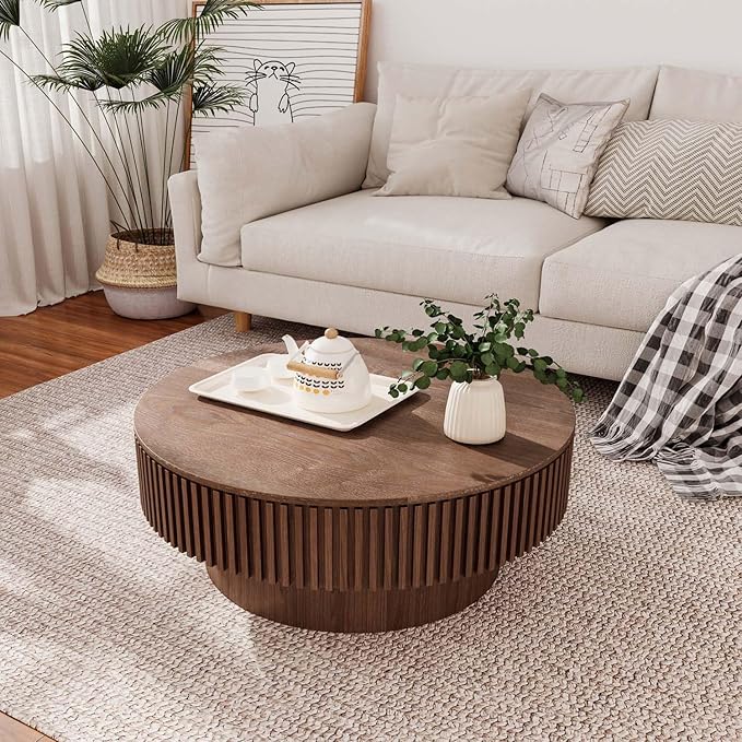 31.5'' Small Round Coffee Table with Storage, Fluted Coffee Table with Solid Wood Veneered, Mid Century Modern Wooden Center Table, Accent Tea Table for Small Space Living Room Apartment, Walnut