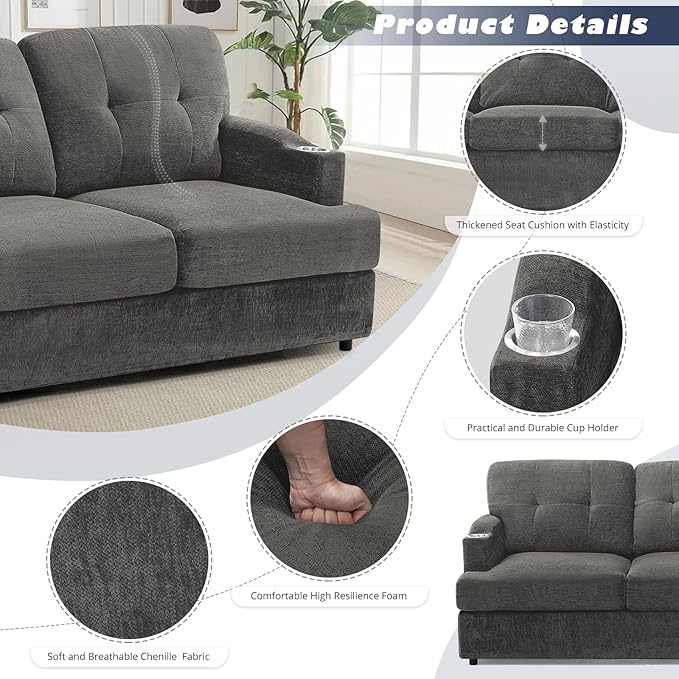89" Chenille Modern Sofa with Cup Holder, Tufted Upholstered Couch with Thickened Cushions, Comfy 3 Seater Sofa with Deeper Seat for Living Room, Apartment, Grey