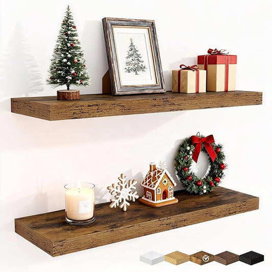Fun Memories Floating Shelves for Wall, 30 Inch Rustic Wood Wall Mounted Shelves for Bathroom, Bedroom, Kitchen, Living Room, Deep Floating Shelves for Storage & Home Decor (Brown,Set of 2)