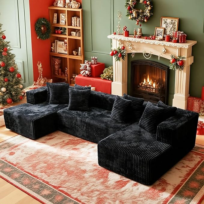 106'' Boneless Couches for Living Room, L Shaped Modular Sectional Sofa with Chaise Lounge, Faux Rabbit Fur & Layered Cushion Deep Seat Cloud Couch, No Assembly (Black, 130 U Shaped)