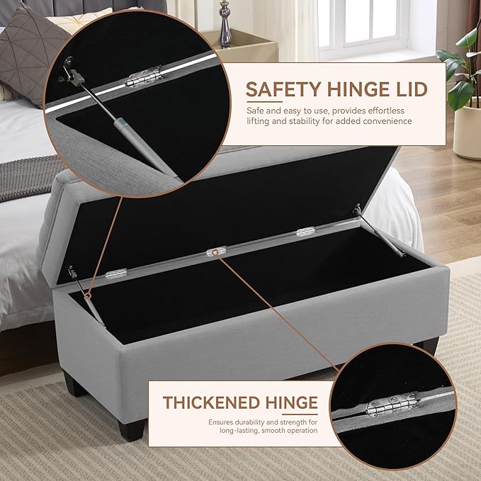 51" Fabric Storage Ottoman Bench, Upholstered Rectangle End of Bed Storage Ottoman Tufted Living Room Bedroom Bench with Safety Hinge, Solid Wood Legs, Loads 500 lb(Light Grey)