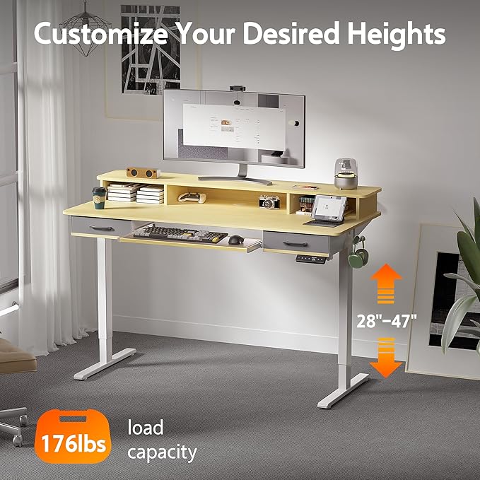 55 Inches Electric Standing Desk with Keyboard Tray, Height Adjustable Sit to Stand Table with 2 Drawers, Ergonomic Home Office Desk with Storage Shelf, Computer Table, Oak