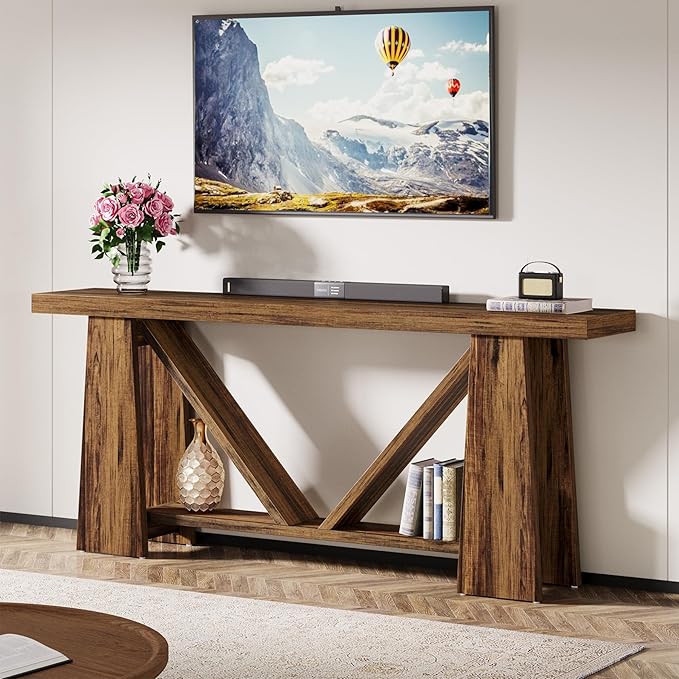 Tribesigns 70.9-Inch Long Console Table, Farmhouse Entryway Table with Storage, Narrow Sofa Console Behind Couch with 4 Stable Bases for Living Room, Entrance, Hallway (Rustic Brown)
