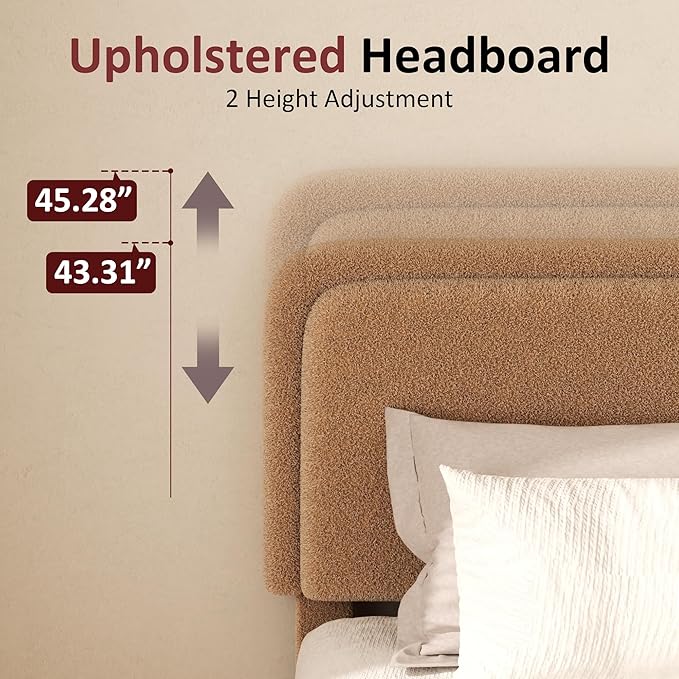 Queen Boucle Platform Bed Frame with Height Adjustable Headboard, Modern Upholstered Cloud Bed, Sleek Curved Design, No Box Spring Needed, Easy Assembly, Noise Free, Camel
