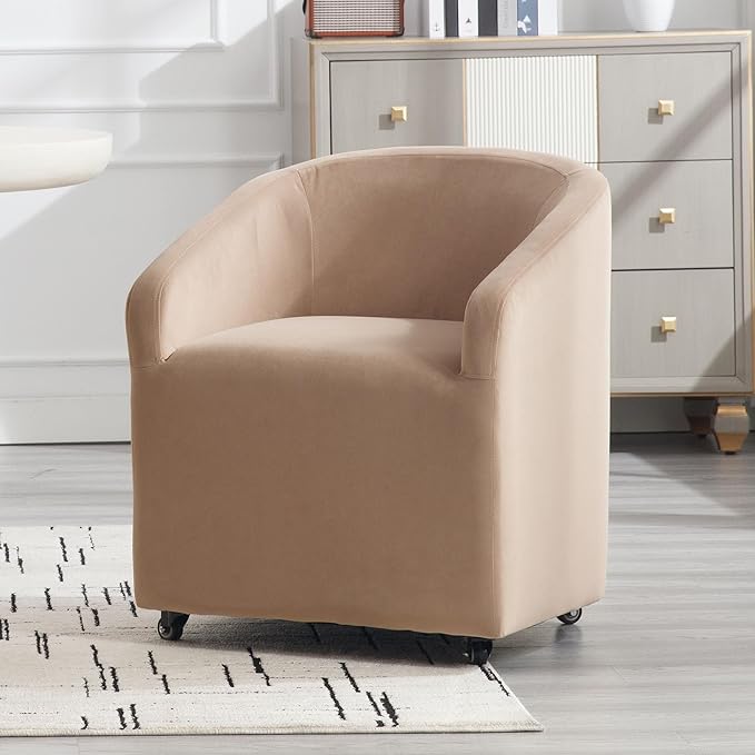Khaki Barrel Dining Room Chair with Swivel Casters Velvet Upholstered Modern Dining Chair with Arms Back Accent Side Chair for Living Reading Room Kitchen Bedroom