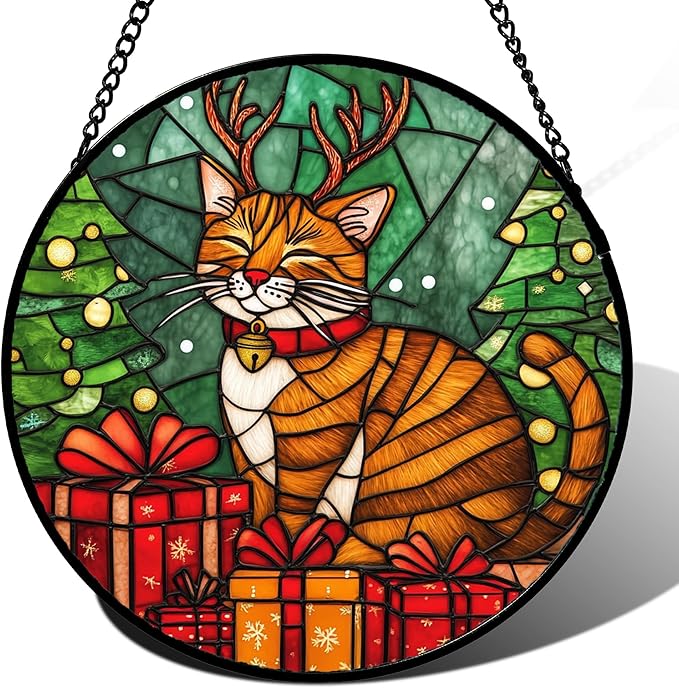 Stained Glass Window Hanging Orange Cat Elk Antler 9.8" - Suncatcher Door Garden Kitchen Sun Catcher Home Decor Birthday Gifts for Lost Pets Mom Men Woman Friend Grandma