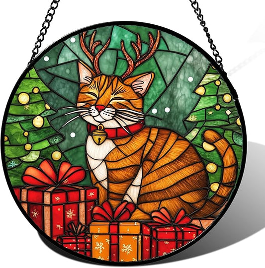 Stained Glass Window Hanging Orange Cat Elk Antler 6.3" - Suncatcher Door Garden Kitchen Sun Catcher Home Decor Birthday Gifts for Lost Pets Mom Men Woman Friend Grandma