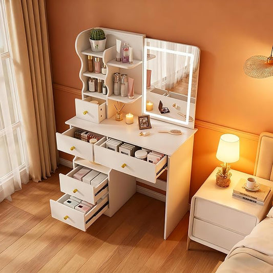 Casaphoria White Makeup Vanity Desk with Hidden Mirror, 31.5 Inch Dressing Table with 5 Drawers, 3 Color Adjustable LED Lights, No Stool Included
