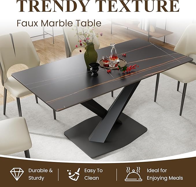 63" Modern Dining Table for 4-6 People, Black Sintered Stone Table Top with X-Shape Carbon Steel Pedestal, Large Rectangular Table for Kitchen Living Room