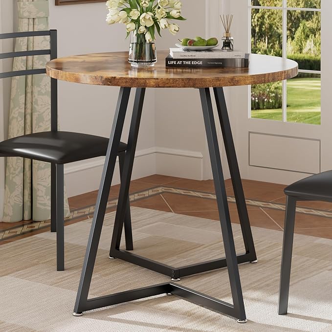 VECELO Round Dining Room Table with Wood Grain Tabletop and Steel Frame, for Kitchen, Living Room, Office, Conference, 2 to 4 Person, Antique Brown