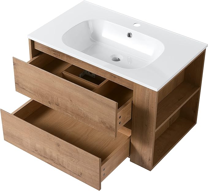 Goujxcy 30" Wall Mounted Bathroom Vanity with Sink, Modern Floating Bathroom Cabinet with White Gel Basin and Storage Drawer/Adjustable Side Shelf, Soft-Closing Door Wood Hanging Bath Room Cabinet