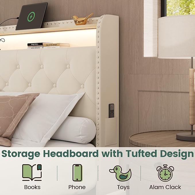 LARMACE Bed Frame King Size Platform Upholstered Bed Frame with 4 Storage Drawers Modern Velvet Tufed with Headboard USB Charging Station&Led Lights,No Box Spring Needed, Easy Assembly, Beige