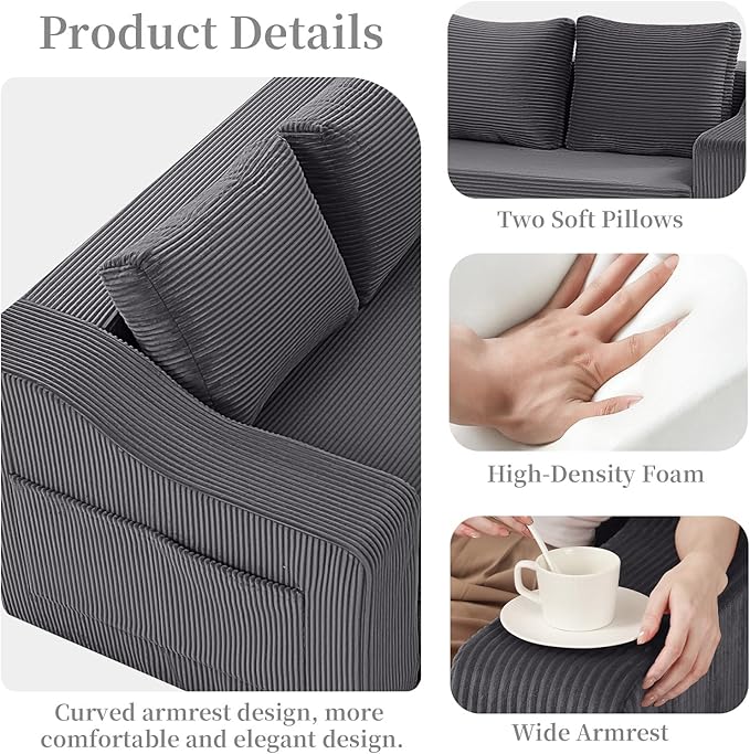 MeMoreCool Convertible Sofa Bed, Pull Out Loveseat Sofa Sleeper Couch for Bedroom Living Room Lounge, 2 in 1 Small Couch Bed with Pillow, Foldable Love Seat Futon Corduroy Grey