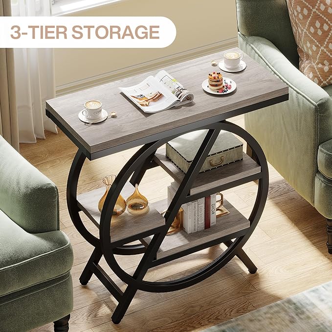 Tribesigns End Table for Living Room, 3-Tier Narrow Side Table with Storage, Wood Sofa Side Table with Geometric Metal Frame, Industrial Nightstand and Bedside Table for Bedroom