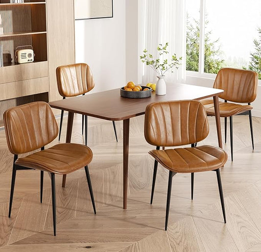 Dining Chairs Set of 4, Mid Century Modern Dining Room Chairs, Upholstered Faux Leather Kitchen Chairs with Walnut Bentwood Back and Metal Legs, Brown