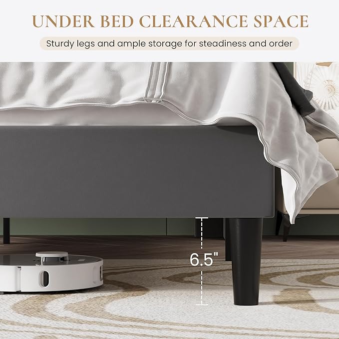 SHA CERLIN Queen Bed Frame with Charging Station, Velvet Upholstered Platform Bed, Wingback Storage Headboard, Type-C & USB Ports, Strong Wooden Slats, No Box Spring Needed, Easy Assembly, Grey