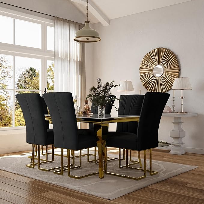 AUZ Dining Chairs Set of 8, Black Velvet Dining Chairs with Polished Gold Sled Legs, Modern Upholstered High Back Chairs for Kitchen and Dining Room