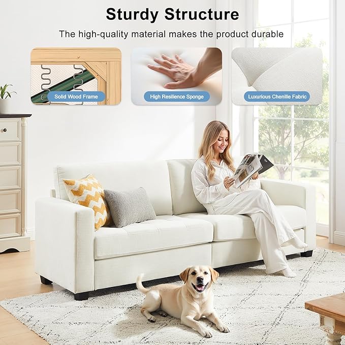 90" Modern Sofa Couches for Living Room, 3 Seater Sofa Tool-Free Setup, Comfy Chenille Couches with Extra Large Seat Width & Depth, Removable Cover, Oversized Loveseat for Small Space, Apartment