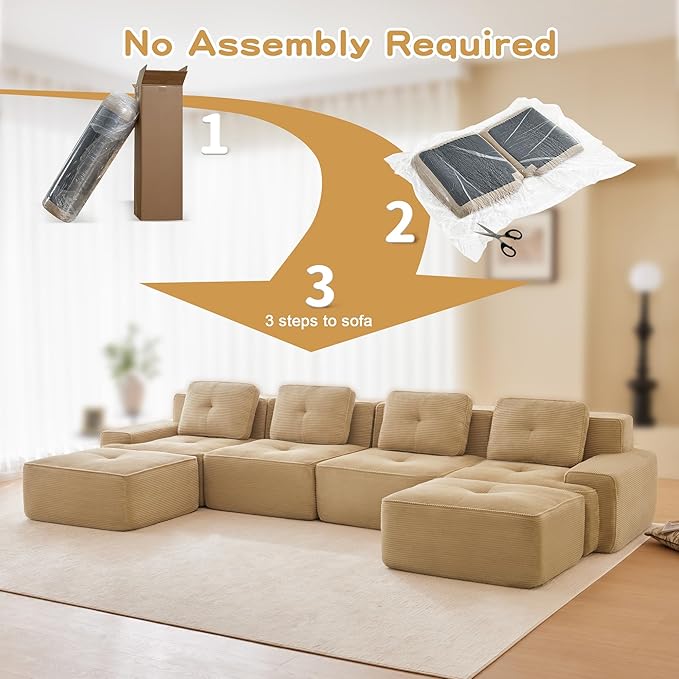 150.4'' Sectional Sofa, 32D Foam Corduroy Boneless Couch with Pillow, Deep Seat Wide Arm Sectional U Shaped Couch for Living Room, Apartment, Bedroom