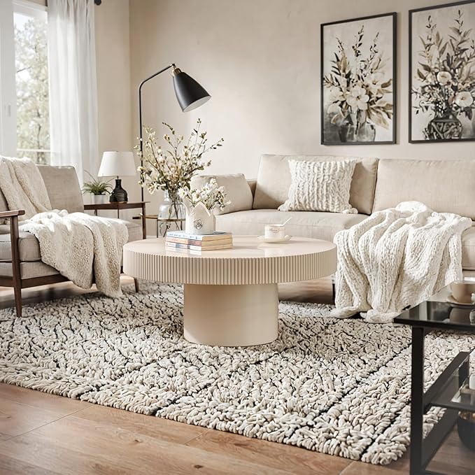 30.71" Round Drum Coffee Tables Modern Handcraft Drum Coffee Table Circle Coffee Table with Sturdy Pedestal, Fluted Wood Coffee Tables Accent End Table for Living Room Apartment,White