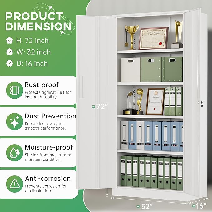 INTERGREAT Metal Storage Cabinet, 72" H Lockable Steel Cabinets with Locking Doors, Storage Locker with Adjustable Shelves for Office, Home, Garage, Gym, School (White)