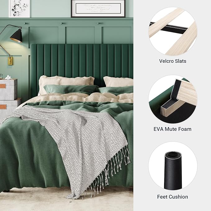Allewie Full Bed Frame, Velvet Upholstered Platform Bed with Adjustable Vertical Channel Tufted Headboard, Mattress Foundation with Strong Wooden Slats, Box Spring Optional, Easy Assembly, Green