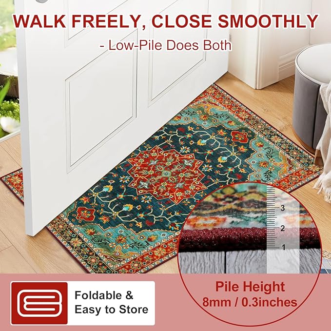 WILLSUN Washable Area Rugs, 2x6 Non-Slip Boho Area Rugs for Kitchen, Living Room, Bedroom, Machine Washable Vintage Rug, Indoor Floral Print Carpet for Home Decor, Kid & Pet Friendly Mat