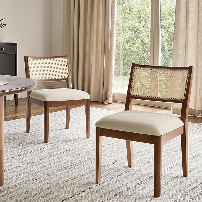 HULALA HOME Rattan Dining Chairs Set of 4, French Solid Wood Kitchen Dining Room Chairs with Curved Back, Upholstered Accent Dinner Cane Chair for Living Room Restaurant, Walnut