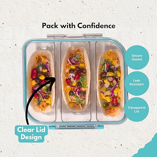 MyGo Pro Rectangular Taco Container, 3-Compartment Clear Heavy Duty Plastic Taco Holder, Portable Sleek Design, Spill-Resistant with Removable Gasket, 6.375" L X7.5" W X 2.75" H
