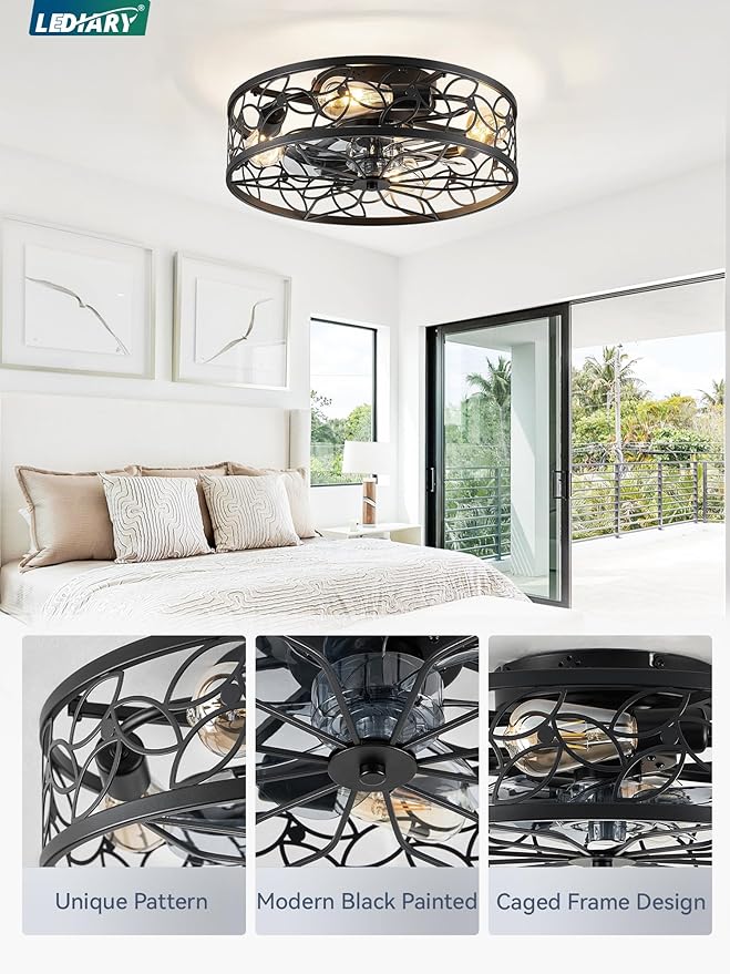 LEDIARY Caged Ceiling Fans with Lights, Black Flush Mount Ceiling Fan with Remote, Small Low Profile Bladeless Ceiling Fan Light Fixture for Bedroom, Kitchen, Dining Room.