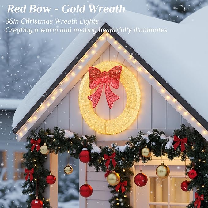 Sweetcrispy 36in Pre-Lit Christmas Wreath, LED Lighted Holiday Outdoor Decoration with Bow for Door, Mantel, Wall, Windows, Front Door Decor, Gold Wreath - Red Bow