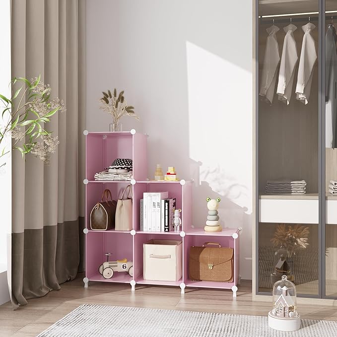 AWTATOS Cube Storage Organizer Protable Closet Organizers and Storage for Kids DIY Stackable 6 Cubes Storage Shelves Clothes Organizer for Bedroom, Home, Pink