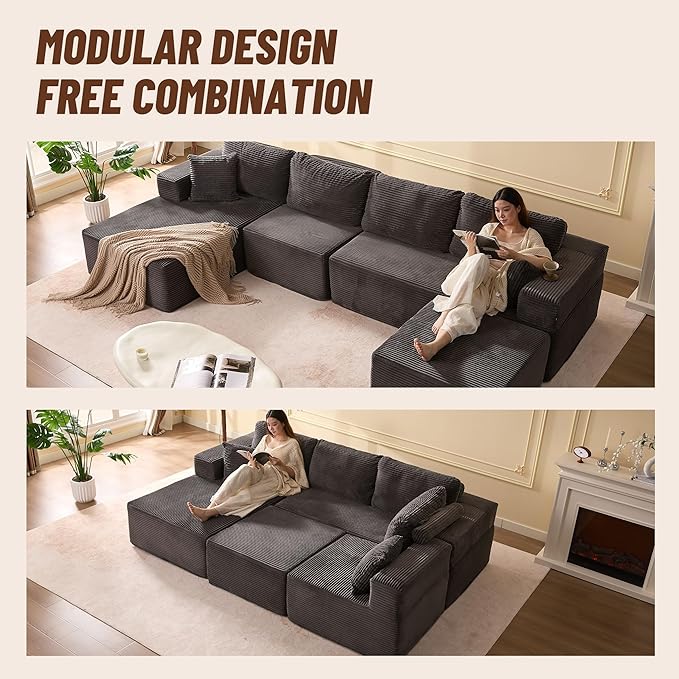138" Boneless Couch with Deep Seat, Modular Sectional Sofa, Cloud Sectional Couch for Living Room, No Assembly Required, Corduroy, U-Shape 4 Seater Left, Gray