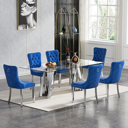Goujxcy 70" Glass Dining Table Set for 6, Modern Silver Dining Table Set with 6 Blue Velvet Upholstered Dining Chairs, 7 Piece Kitchen Dining Room Table Set with Stainless Steel Legs