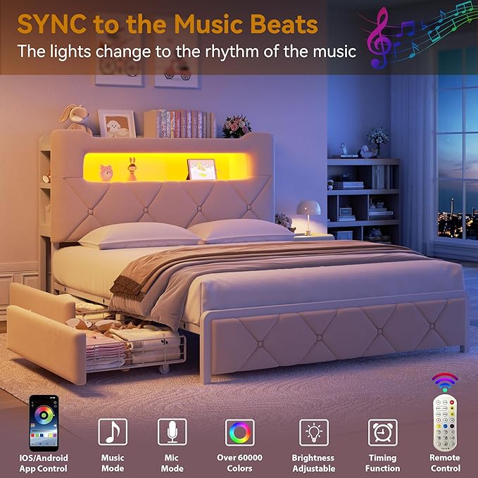 Full Upholstered LED Bed Frame with 2 Storage Drawers and 2-Tier Storage Headboard, Velvet Princess Platform Bed with Charging Station & Bookcase,Heavy Duty Metal Support,No Box Spring Needed,Beige