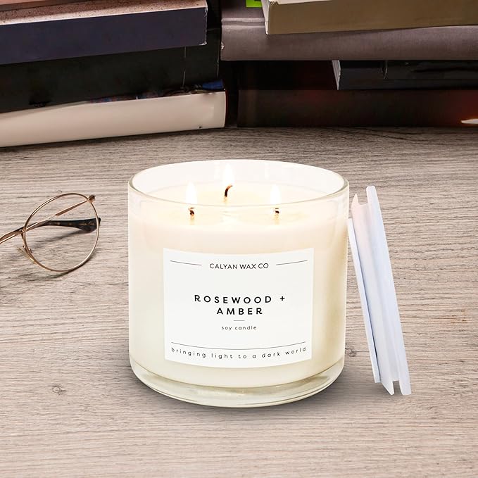 Calyan Wax Co. Rosewood & Amber 3 Wick Scented Candle - 43 Hour Burn - Luxury 3 Wick Soy Candles - Non Toxic Soy Wax Candles - Long Lasting Large Glass Jar Candle for Home - 14.9oz