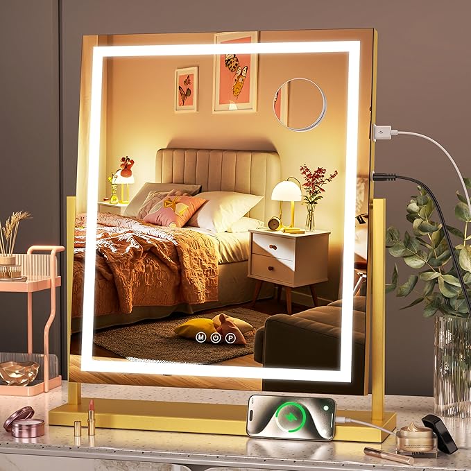 Hasipu Vanity Mirror with Lights, 17" x 22" LED Makeup Mirror, Light up Mirror with Smart Touch 3 Color Modes and Brightness Adjustment, 10X Magnifying Glass,360° Rotation (Gold)