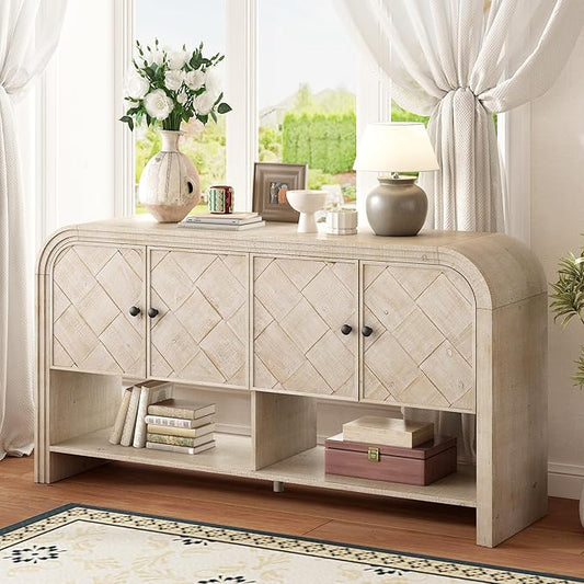 60'' Curved Sideboard with 4 Doors and Bottom Shelf, Versatile Wooden Accent Storage Cabinet Entryway Console Table for Hallway Living Room Dining Room (Beige-4.16)