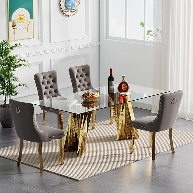 Goujxcy 70" Glass Dining Table Set for 4, Modern Gold Dining Table Set with 4 Grey Velvet Upholstered Dining Chairs, 5 Piece Kitchen Dining Room Table Set with Stainless Steel Legs