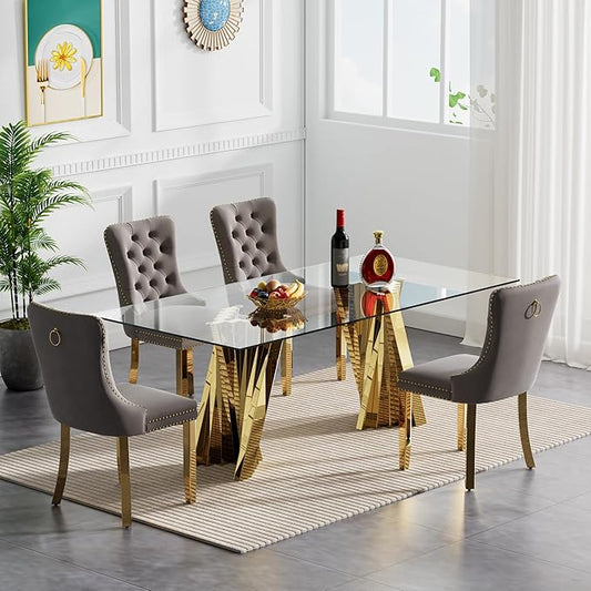 Goujxcy 70" Glass Dining Table Set for 4, Modern Gold Dining Table Set with 4 Grey Velvet Upholstered Dining Chairs, 5 Piece Kitchen Dining Room Table Set with Stainless Steel Legs