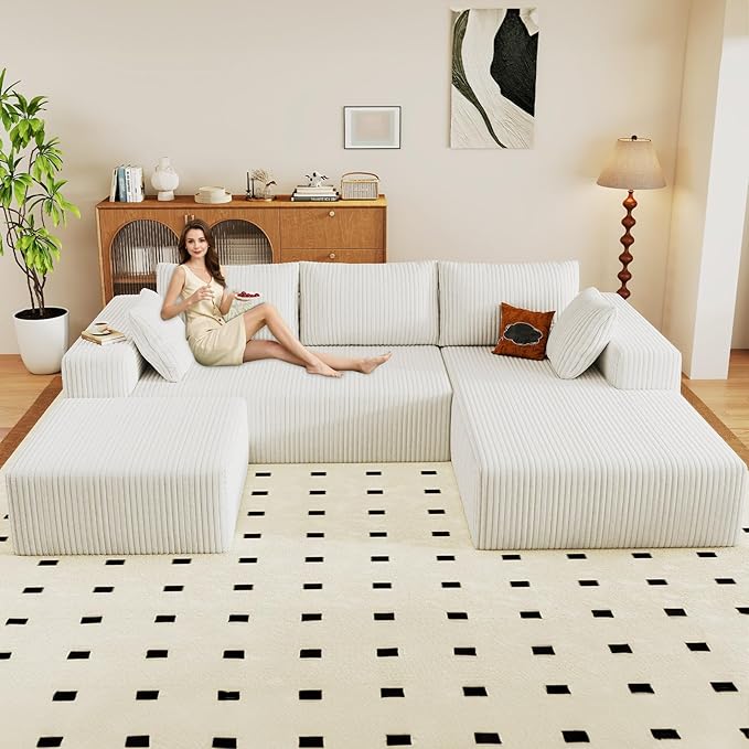 96" U-Shape Cloud Couch, Modern Modular Sectional L-Shape Sofa with Ottoman, Corduroy Upholstered Couches Deep Seat Sleeper Chaise Longue for Living Room, No Assembly Required(White, Right Facing)