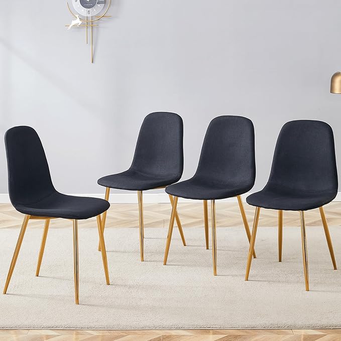 Dining Chairs Set of 4,Luxury Modern Kitchen Dining Room Chairs with Metal Golden Leg and Linen Material High Resilience for Dining Room,Restaurant,Living Room, Bedroom, (Black+Gold)